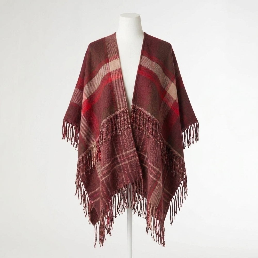 NEW COCO + CARMEN brooke cardigan with double fringe in wine plaid